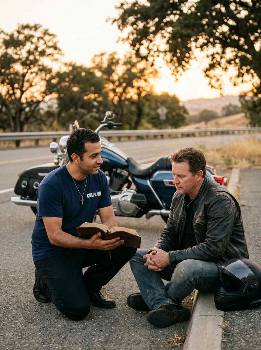 Male motorcycle chaplain praying with biker seated beside motorcycle