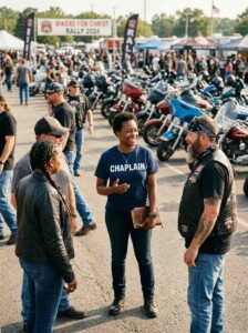 Motorcycle chaplain speaking with group of bikers at outdoor gathering