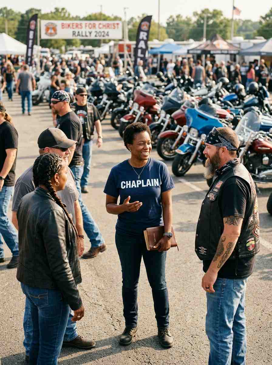 Motorcycle chaplain speaking with group of bikers at outdoor gathering
