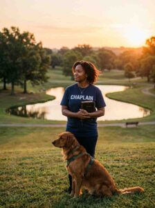 Female pet assisted chaplain with therapy dog holding Bible outdoors