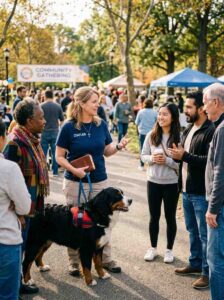Pet assisted chaplain with therapy dog speaking with community members outdoors