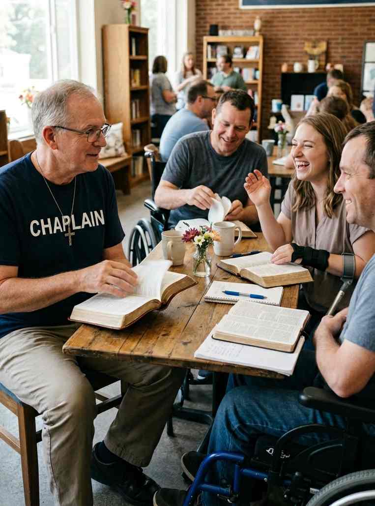 an Adults with Disabilities Chaplain reading Scripture with adults participating in a disability ministry gathering.