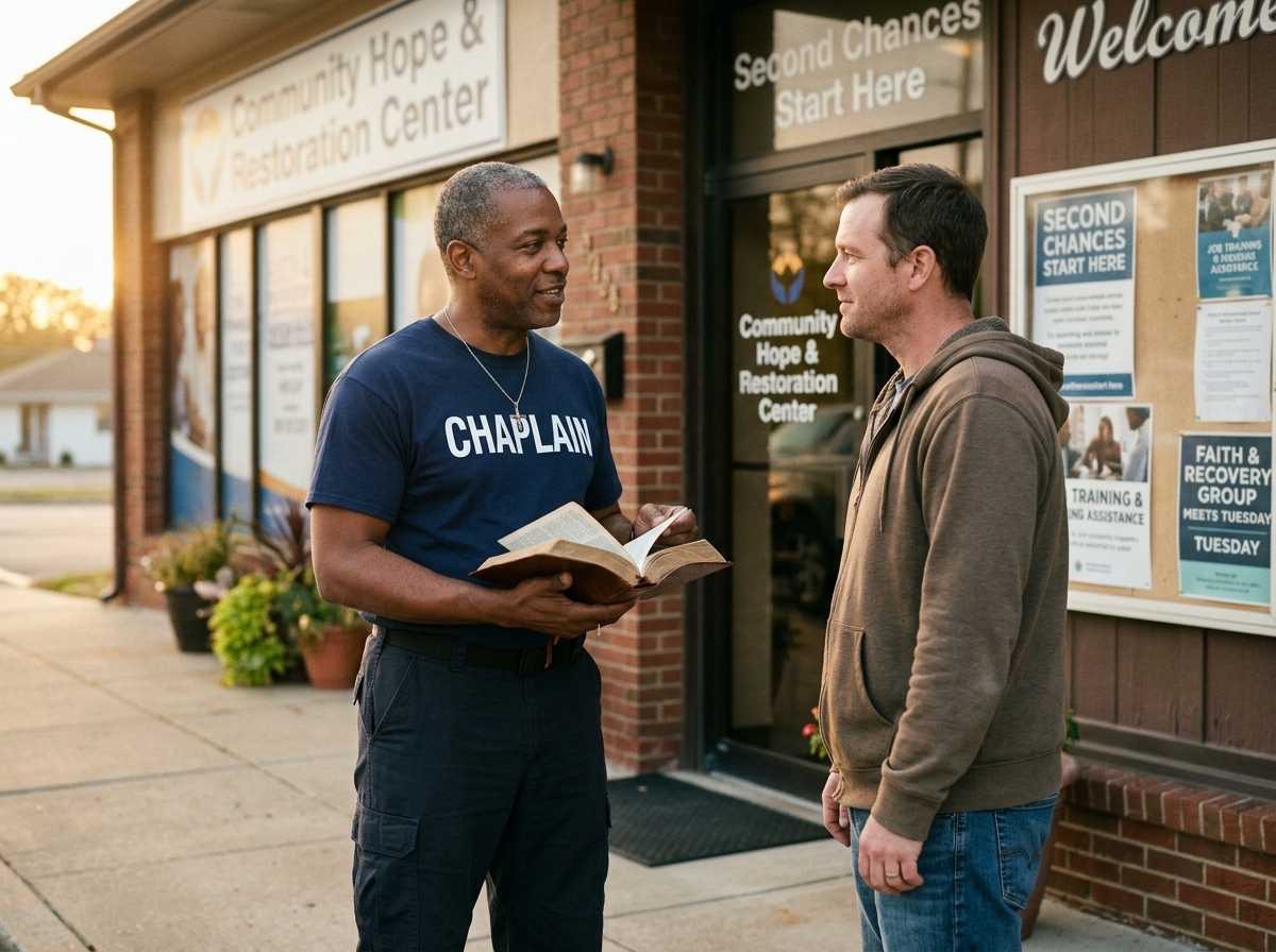 Male Reentry and Restoration Chaplain standing with a returning citizen outside a community resource center.