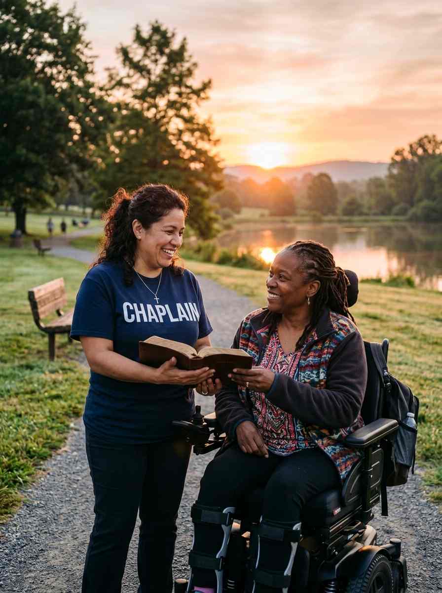 Female Adults with Disabilities Chaplain standing beside an adult with a disability at sunrise, holding a Bible and offering Christ-centered presence.