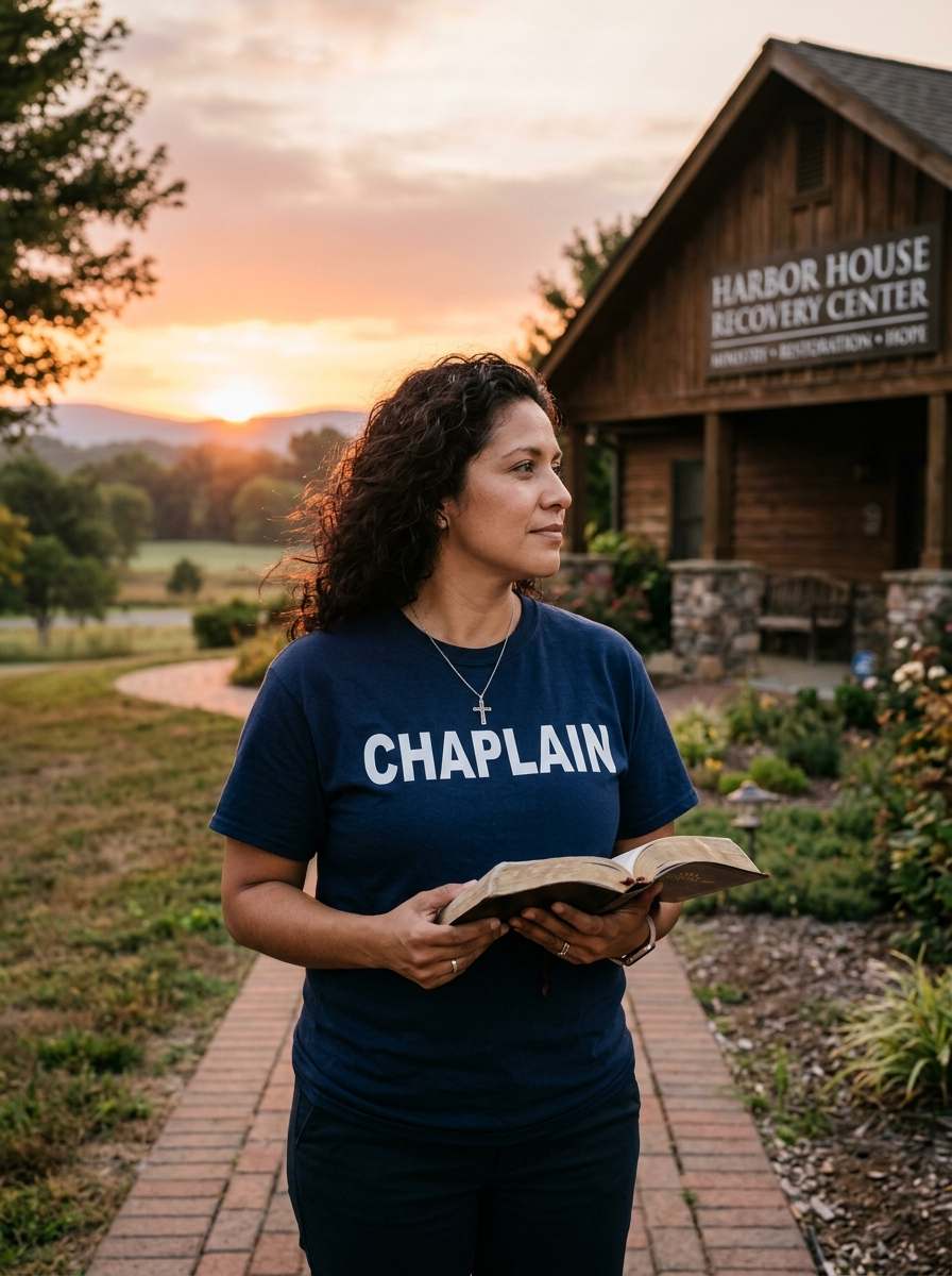 Hispanic female Addictions Recovery Chaplain holding a Bible outside a recovery ministry center at sunrise.