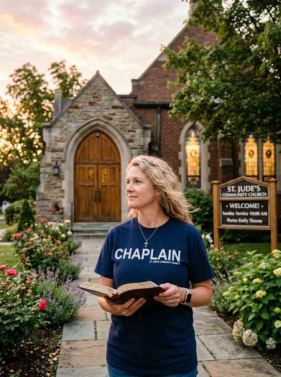 White female Church Community Chaplain holding a Bible outside a local church at sunrise.