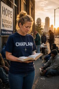 Female Homeless Community Chaplain reading a Bible while serving people experiencing homelessness in an urban outreach setting