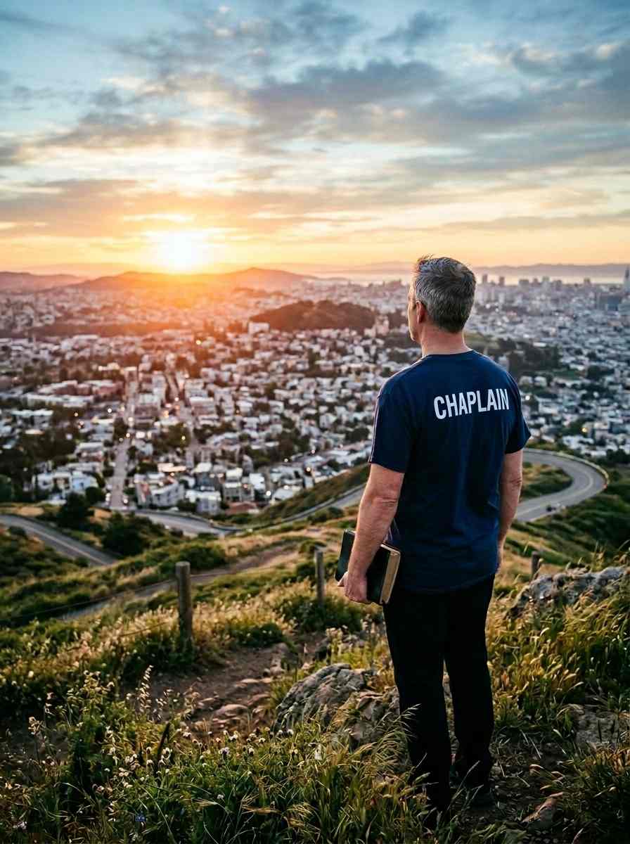 Male Reentry and Restoration Chaplain wearing a navy "CHAPLAIN" shirt and cross necklace, holding a Bible while overlooking a city at sunrise.