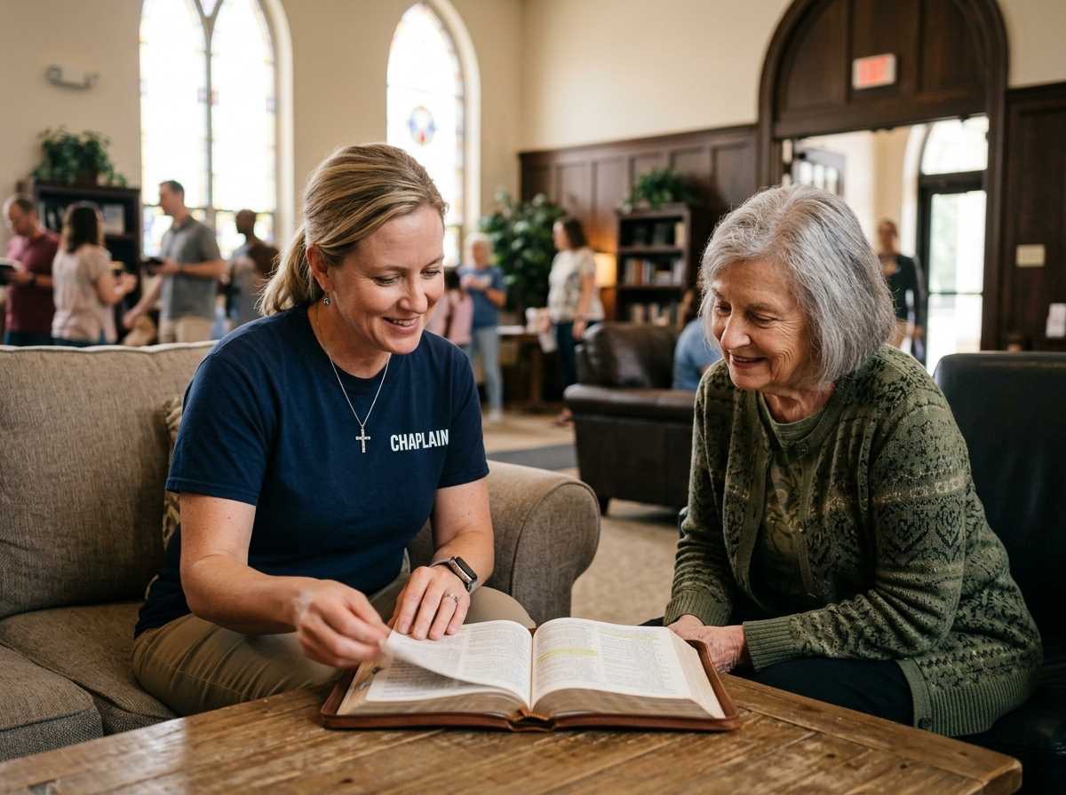  female Church Community Chaplain reading Scripture with a church member.