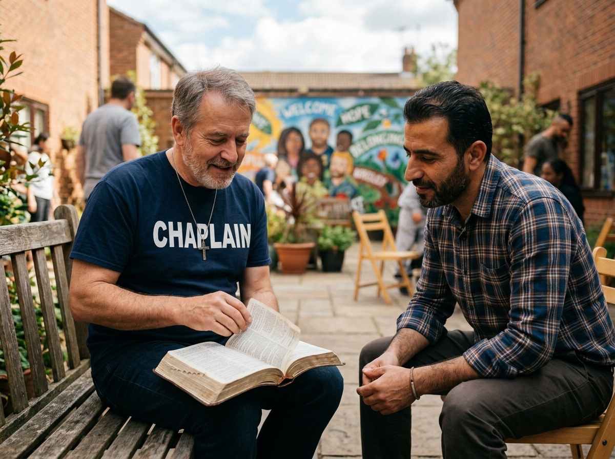 Refugee Community Chaplain reading Scripture with a community member.