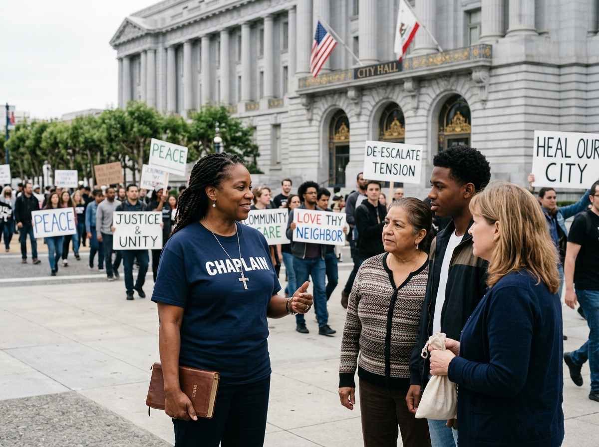 Government and Civic Community Chaplain offering calm spiritual support near a peaceful public protest.