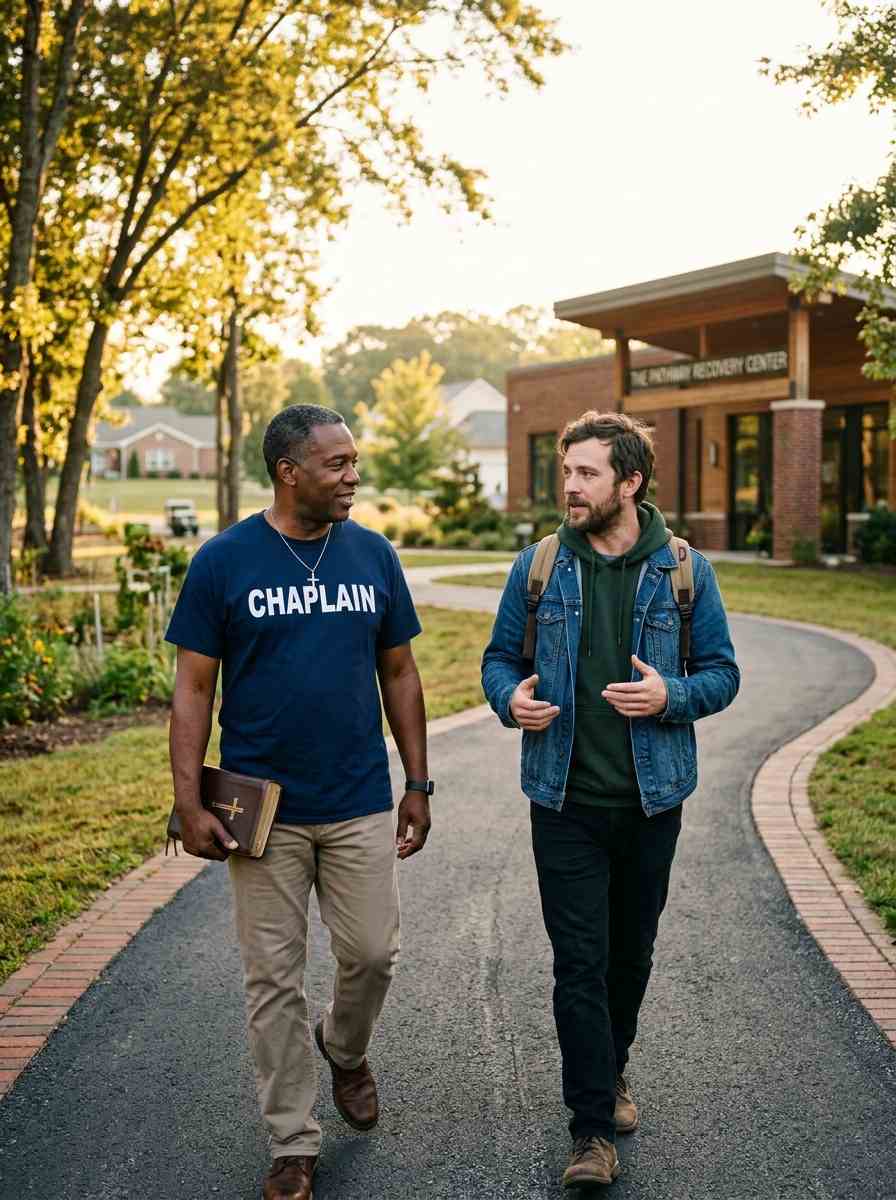 Black male Addictions Recovery Chaplain walking alongside a white man in recovery while holding a Bible and having a supportive conversation.