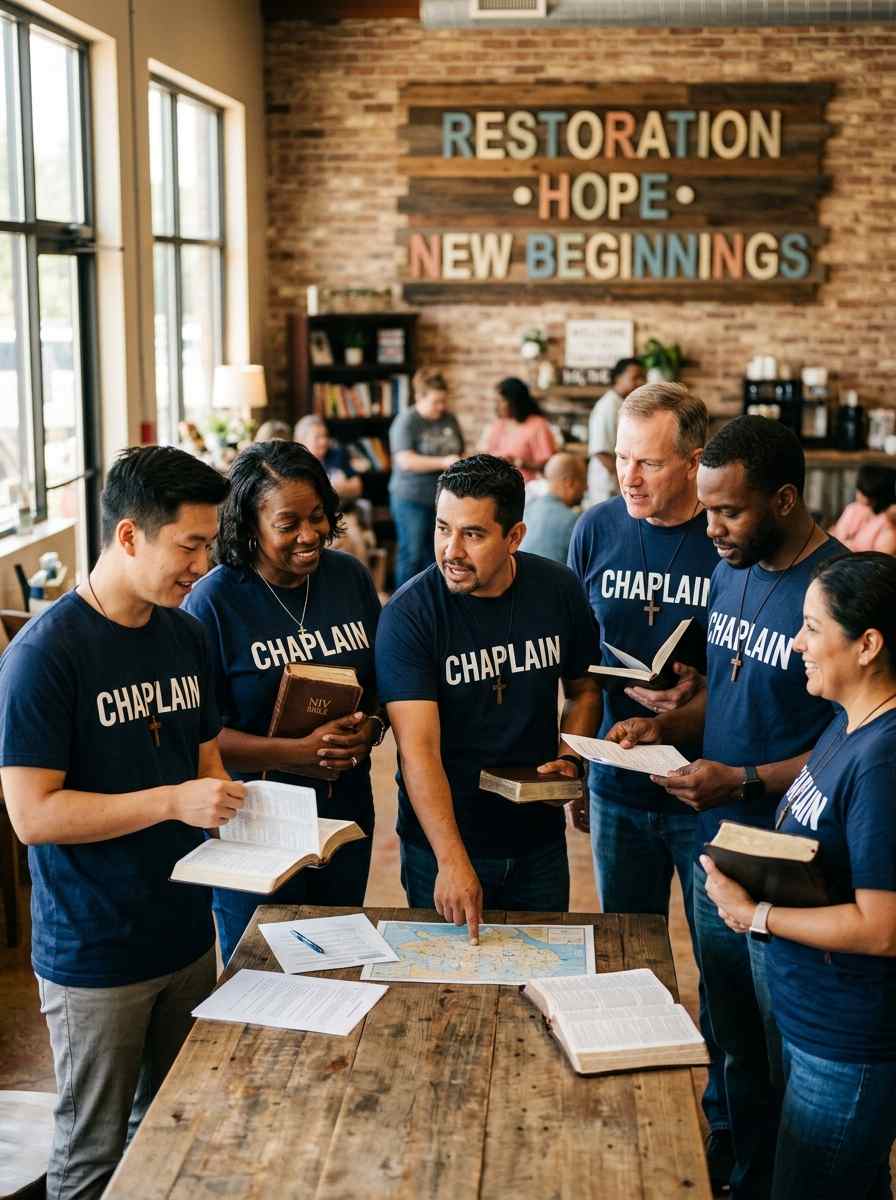 Diverse team of chaplains preparing to serve in a reentry and restoration ministry setting.