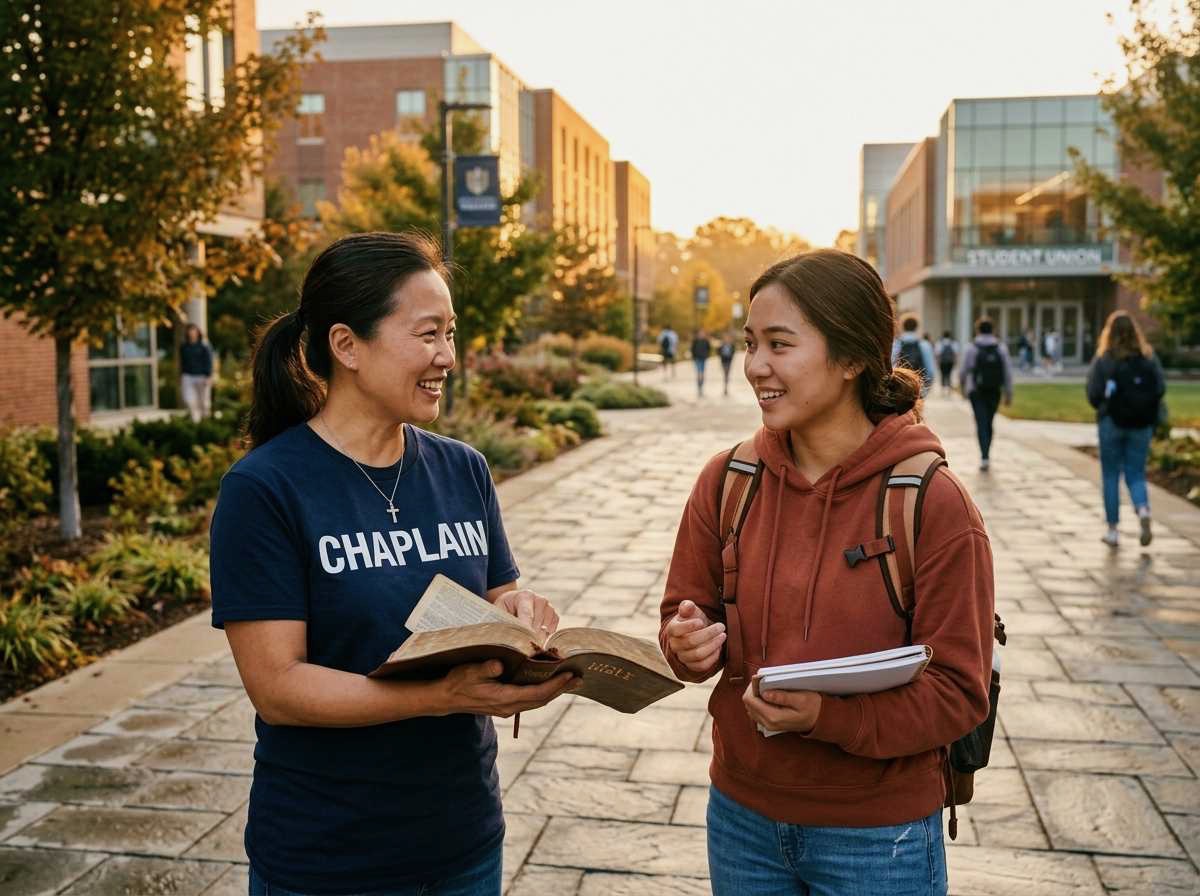 Female Campus Chaplain speaking with a college student on campus.