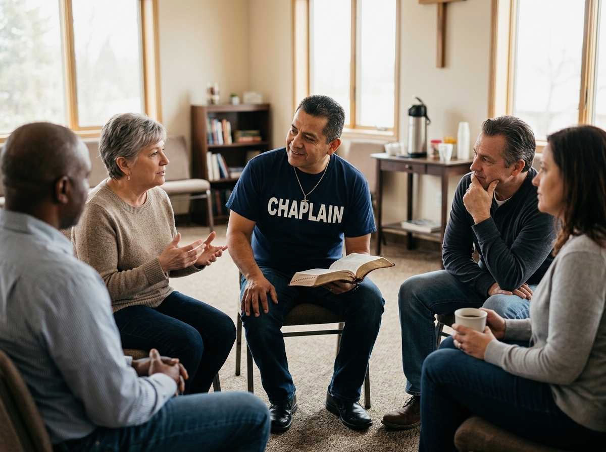 Addictions Recovery Chaplain participating in a faith-based support group setting.