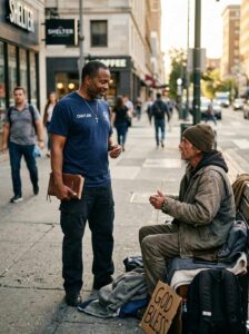 Male Homeless Community Chaplain offering spiritual care and conversation during street outreach ministry