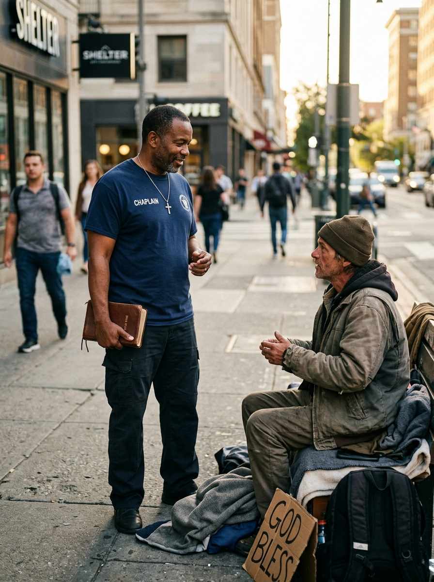 Male Homeless Community Chaplain offering spiritual care and conversation during street outreach ministry