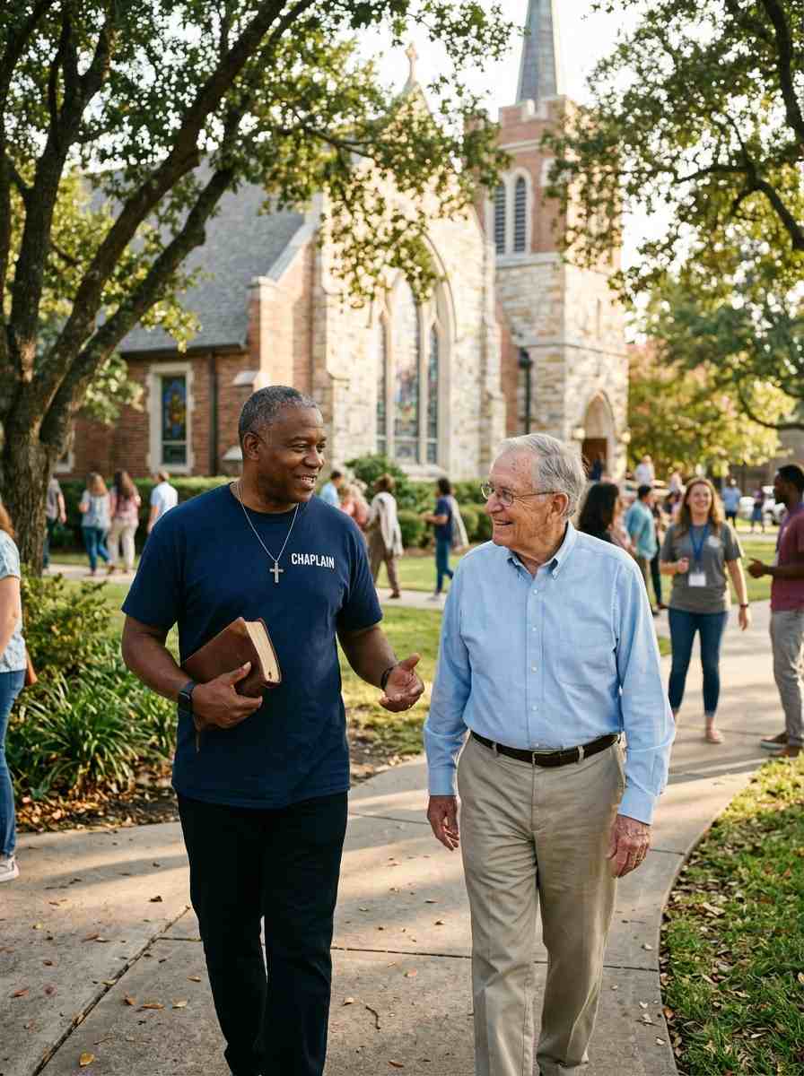 Church Community Chaplain walking with an elderly church member while holding a Bible.