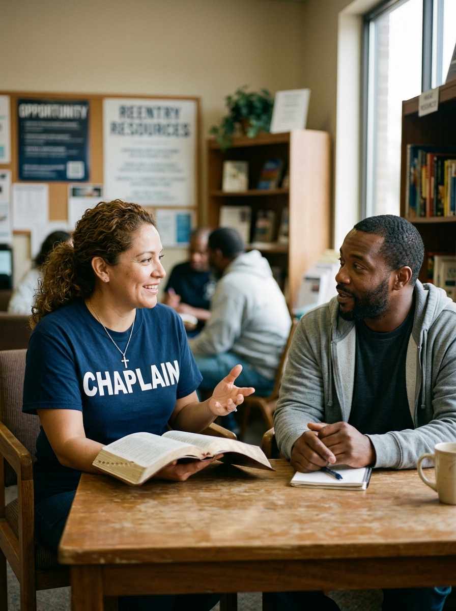 Female Reentry and Restoration Chaplain speaking with a man rebuilding his life in a community reentry setting.