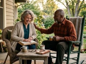 An older Christian couple enjoys Bible study and conversation on their front porch, encouraging one another through faith, companionship, and aging with honor.