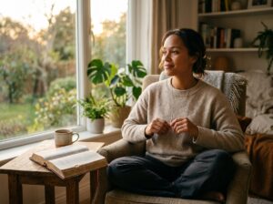A Christian woman sits quietly by a window with an open Bible, reflecting peacefully as she seeks God's wisdom for healing, emotional renewal, and inner peace.
