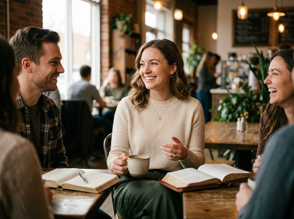 A Christian woman enjoys a conversation with friends during a Bible study at a coffee shop, demonstrating confidence, authentic relationships, and Christ-centered fellowship.