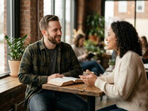 A Christian man and woman share a thoughtful conversation over an open Bible in a coffee shop, demonstrating respectful communication and Christ-centered friendship.