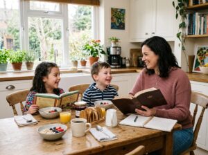 A Christian single mother reads the Bible with her children over breakfast, nurturing faith, family, and Christ-centered parenting at home.