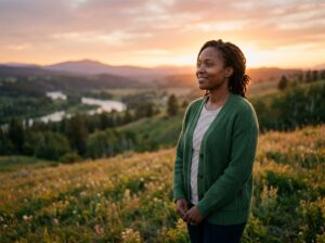 A woman stands peacefully on a hillside at sunset, reflecting with gratitude while overlooking a scenic valley and winding river.