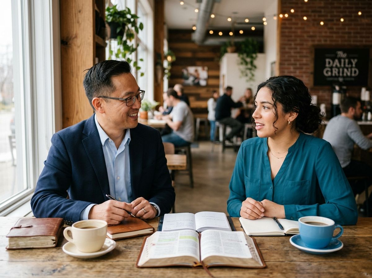 A Christian life coach meets with a young professional at a coffee shop, providing Christ-centered coaching, biblical wisdom, and practical guidance for personal growth.