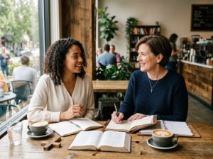 A Christian life coach meets with a young woman in a coffee shop, discussing personal growth, biblical wisdom, and life goals over an open Bible and notebooks.