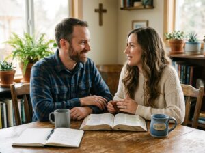 A Christian husband and wife study the Bible together at home, strengthening their marriage through faith, conversation, and shared devotion.