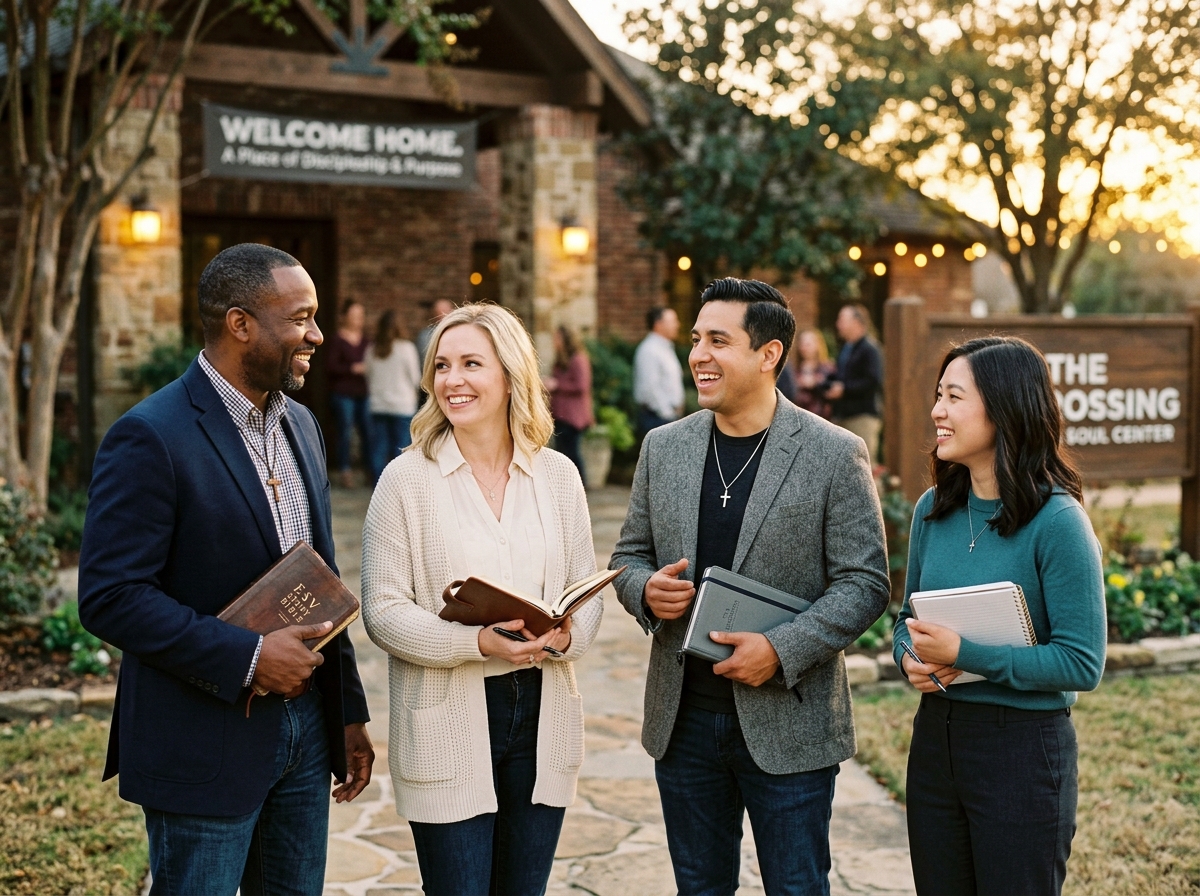 Christian leaders stand outside a church, holding Bibles and notebooks while building relationships through fellowship, discipleship, and ministry collaboration.