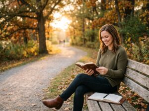 A Christian woman reads her Bible on a park bench at sunset, finding hope, healing, and renewed strength during her divorce recovery journey.