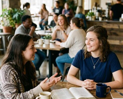 Young Christian woman wearing a navy blue t-shirt and cross necklace listening attentively during a Bible-centered conversation with another woman in a welcoming church café.