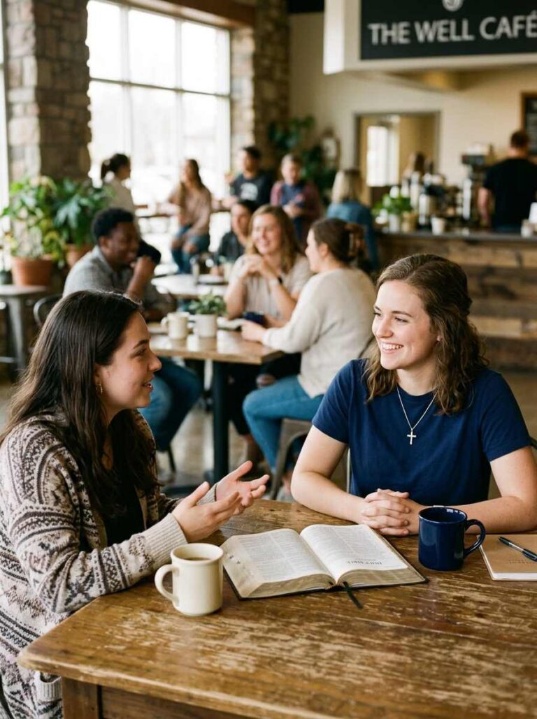 Young Christian woman wearing a navy blue t-shirt and cross necklace listening attentively during a Bible-centered conversation with another woman in a welcoming church café.