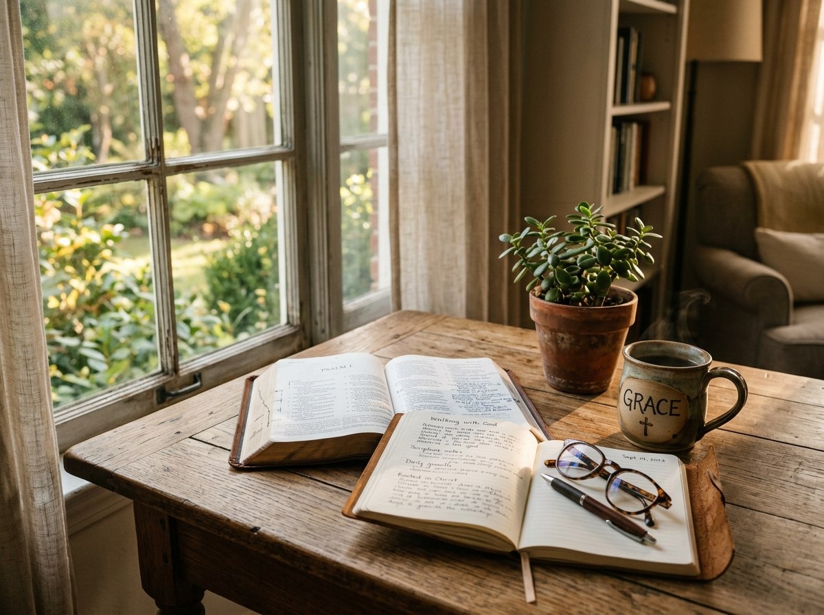 An open Bible, prayer journal, coffee mug, and notebook sit on a wooden table beside a sunlit window, creating a peaceful space for Christian spiritual growth and daily devotion.
