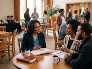 A Christian life coach minister leads a small group discussion with adults, using the Bible to provide Christ-centered coaching, discipleship, and spiritual encouragement.