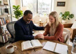 A Christian life coach minister prays with a woman during a coaching session, providing Christ-centered encouragement, biblical guidance, and compassionate spiritual care.