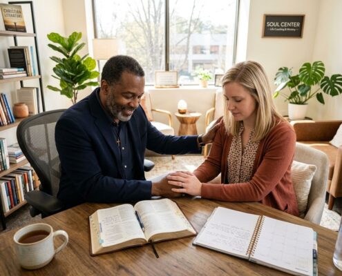 A Christian life coach minister prays with a woman during a coaching session, providing Christ-centered encouragement, biblical guidance, and compassionate spiritual care.