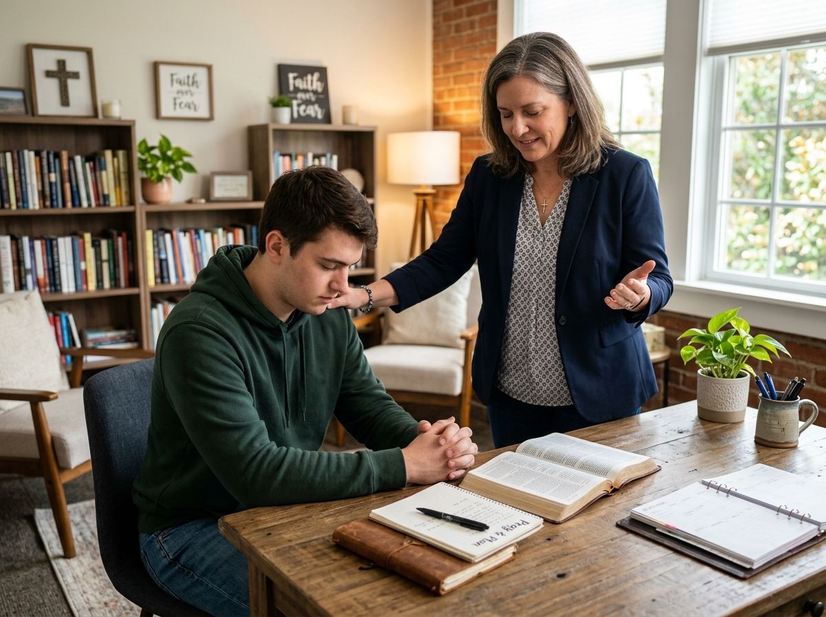 A Christian life coach minister prays with a young man during a coaching session, offering biblical encouragement, prayer, and Christ-centered guidance.