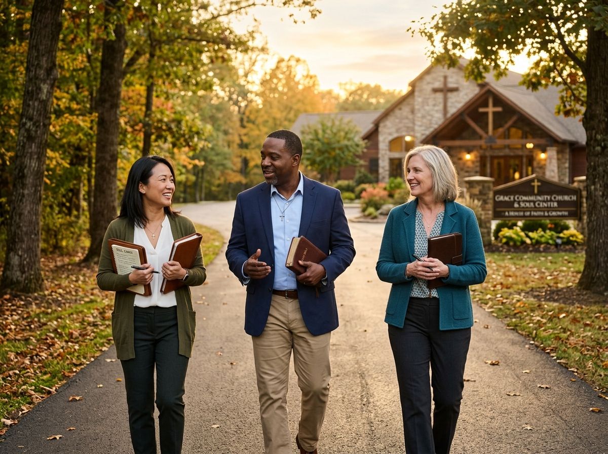 Three Christian life coaches walk together outside a church and Soul Center, carrying Bibles and encouraging one another through Christ-centered leadership and discipleship.