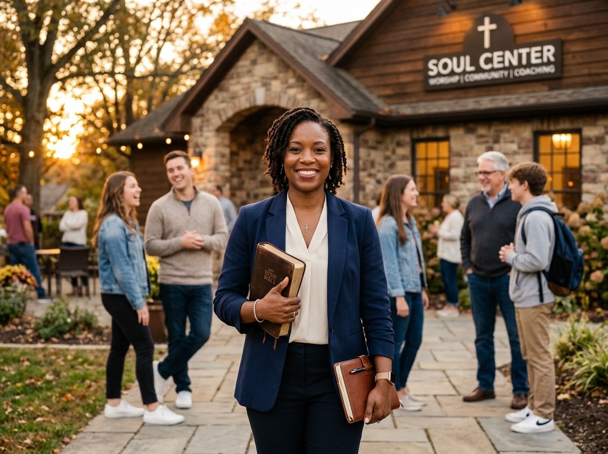 A Christian life coach stands outside a Soul Center holding a Bible and journal, welcoming people into a Christ-centered community focused on coaching, discipleship, and spiritual growth.