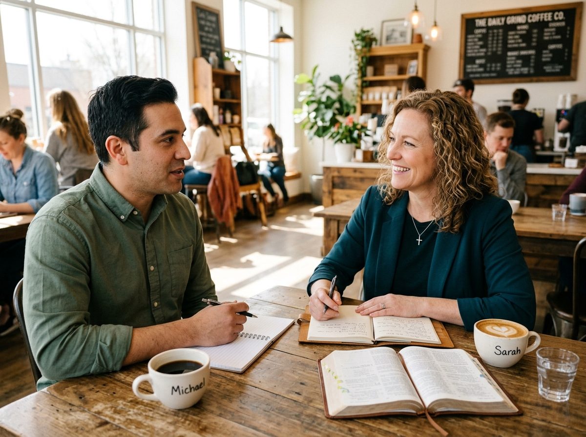 A Christian life coach minister meets with a man in a coffee shop, providing faith-based guidance while discussing goals, Scripture, and personal growth.