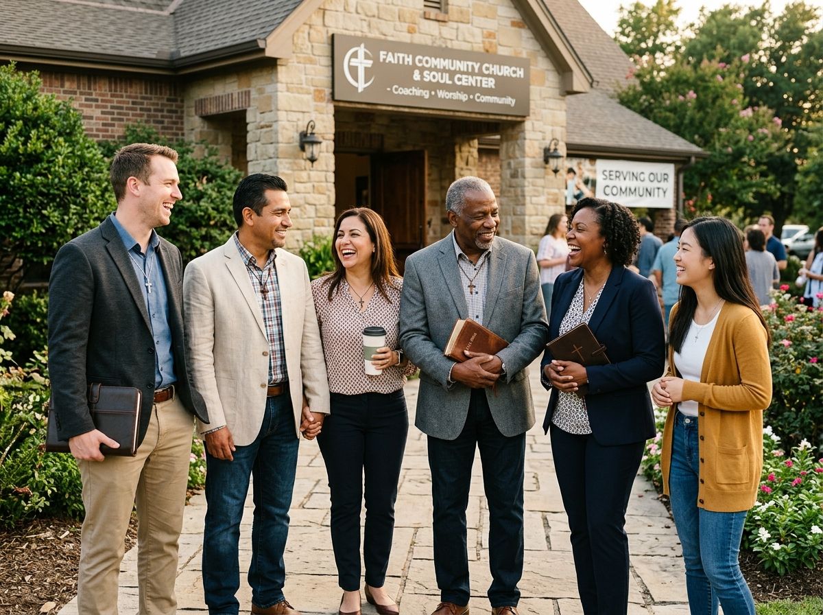 A diverse group of Christian life coaches stands outside a church and Soul Center, building relationships through fellowship, discipleship, and Christ-centered ministry.