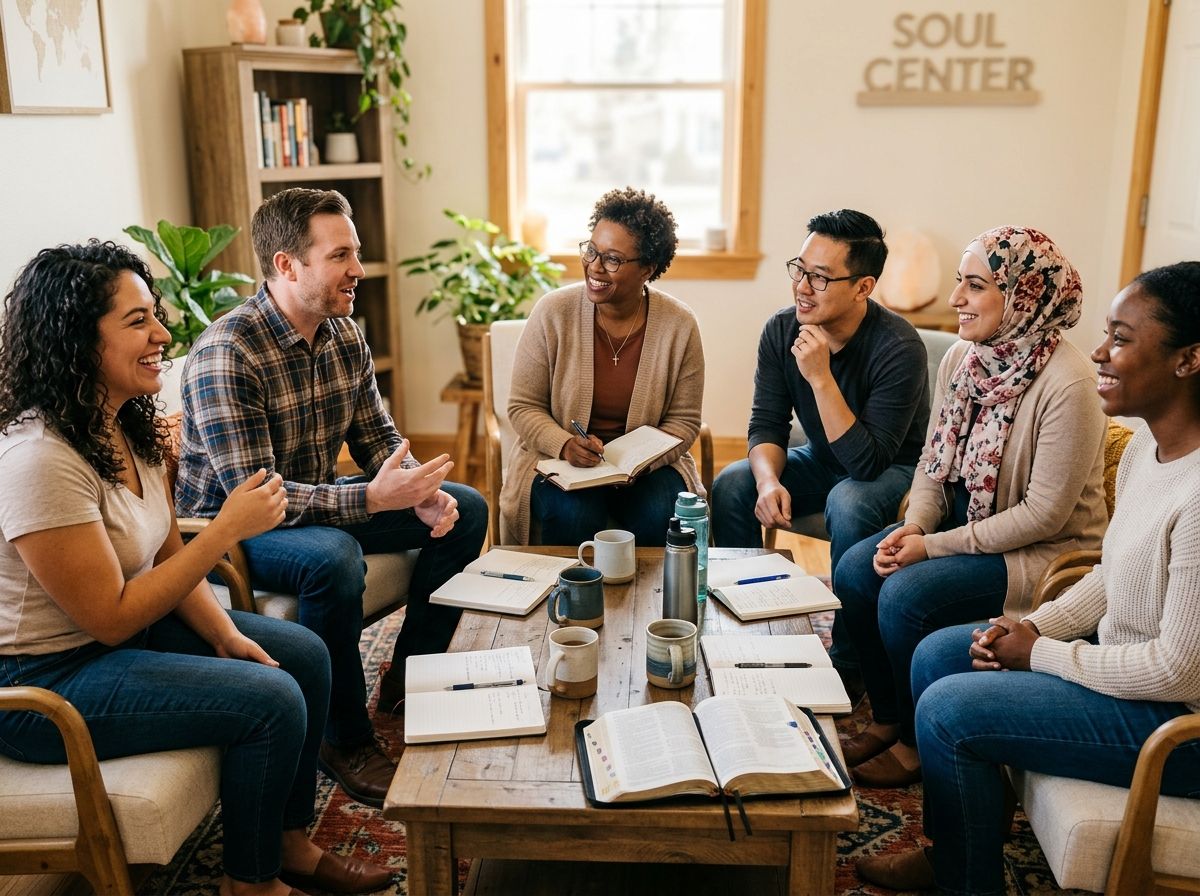 A diverse group participates in a Christian life coaching session at a Soul Center, discussing biblical wisdom, personal growth, and Christ-centered encouragement.