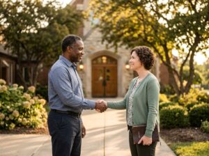 Two Christians shake hands outside a church, demonstrating forgiveness, reconciliation, and Christ-centered conflict resolution.