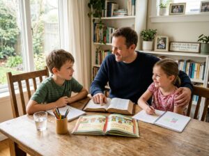 A Christian father leads a family Bible study with his children at home, teaching biblical values, faith, and Christ-centered parenting.