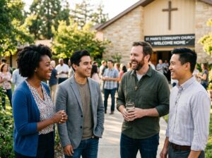 A diverse group of Christians talks and laughs outside a church after a service, building friendships and practicing confident, Christ-centered people skills.