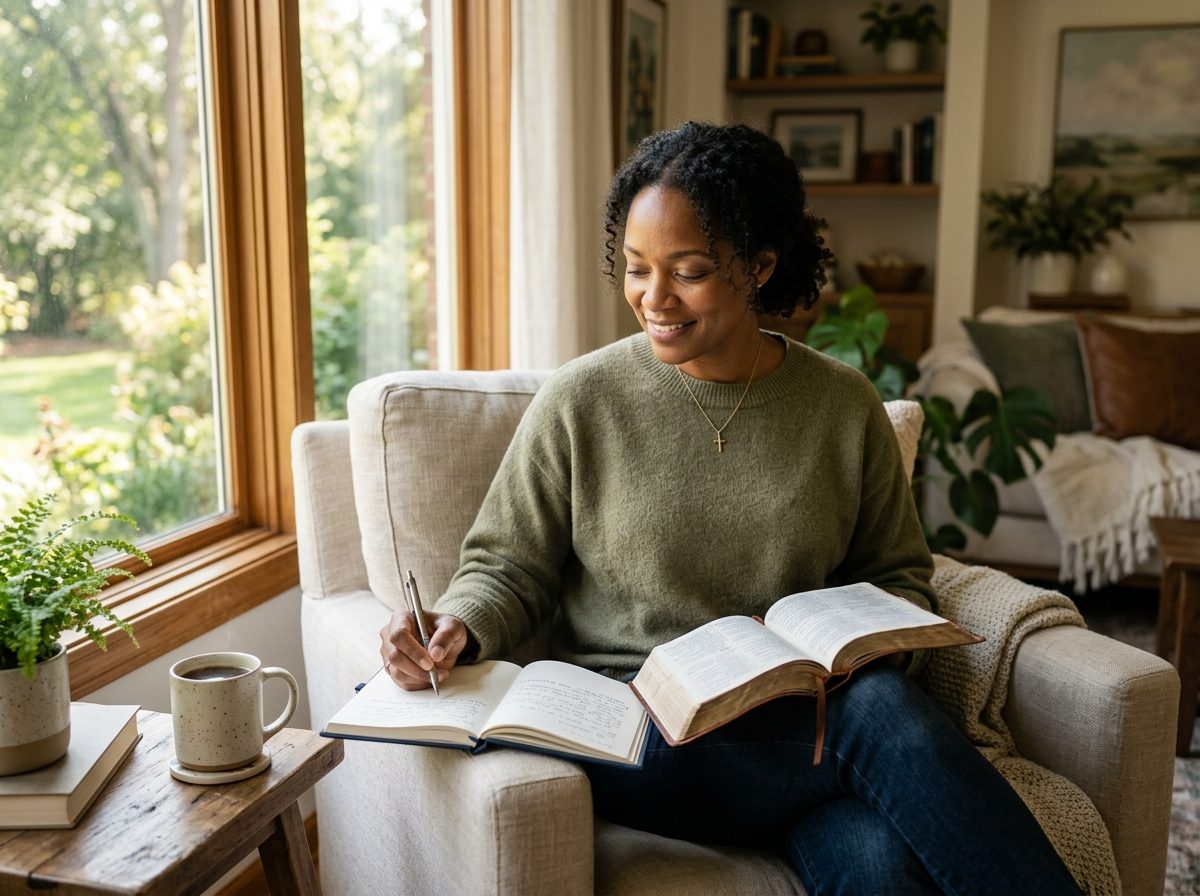 A woman journals while reading her Bible in a peaceful home, practicing Scripture-based reflection and building resilient, Christ-centered thinking.